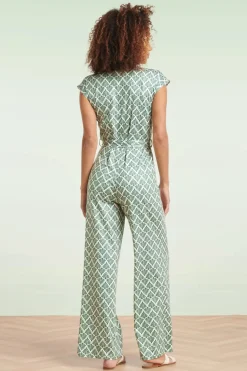 Smashed Lemon Adeline Jumpsuit In Legergroen En Gebroken Wit><noscript><img width=