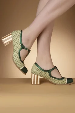 Nemonic Amelie Lederen T-Strap Pumps In Groen><noscript><img width=