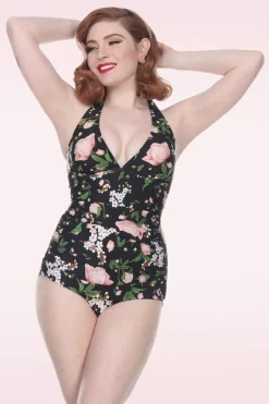 Bettie Page Swimwear Blossom One Piece Halterbadpak In Zwart>Vrouwen Badpakken