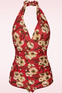 Bettie Page Swimwear Blossom One Piece Halterbadpak In Rood>Vrouwen Badpakken