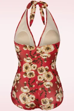 Bettie Page Swimwear Blossom One Piece Halterbadpak In Rood>Vrouwen Badpakken