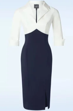 Glamour Bunny Business Babe Dianne Pencil Jurk In Wit En Marineblauw>Vrouwen Plus Size Jurken