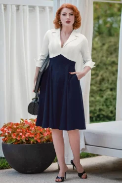 Glamour Bunny Business Babe Dianne Swing Jurk In Wit En Marineblauw>Vrouwen Swing Jurken