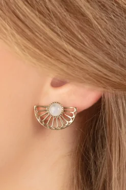 Very Cherry Flower Fan Oorbellen In Goud En Maansteen Wit>Vrouwen Sieraden