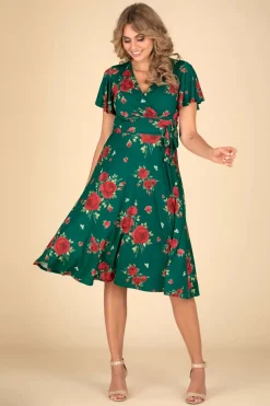 Vintage Chic for Topvintage Irene Flower Cross Over Swing Jurk In Silky Green>Vrouwen Plus Size Jurken