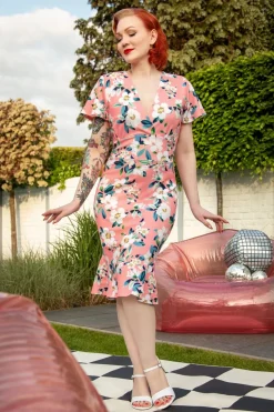 Vintage Chic for Topvintage Katie Pencil Jurk Met Bloemenprint In Perzik>Vrouwen Plus Size Jurken