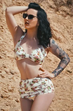 Esther Williams Klassieke Bloemenromantische Bikinibroek In Creme><noscript><img width=