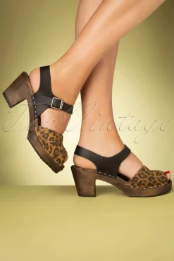 Lotta from Stockholm Loretta Lederen Klompen In Zwart En Luipaard>Vrouwen Sandalen