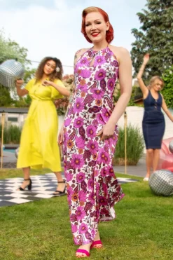 Vintage Chic for Topvintage Polly Maxi Jurk In Wit En Roze>Vrouwen Plus Size Jurken