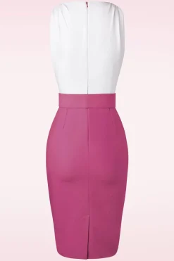 Vintage Diva The Kellie Pencil Jurk In Gebroken Wit En Donker Magentaroze><noscript><img width=