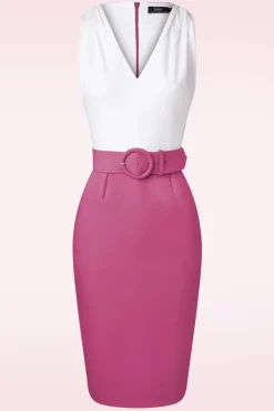 Vintage Diva The Kellie Pencil Jurk In Gebroken Wit En Donker Magentaroze><noscript><img width=