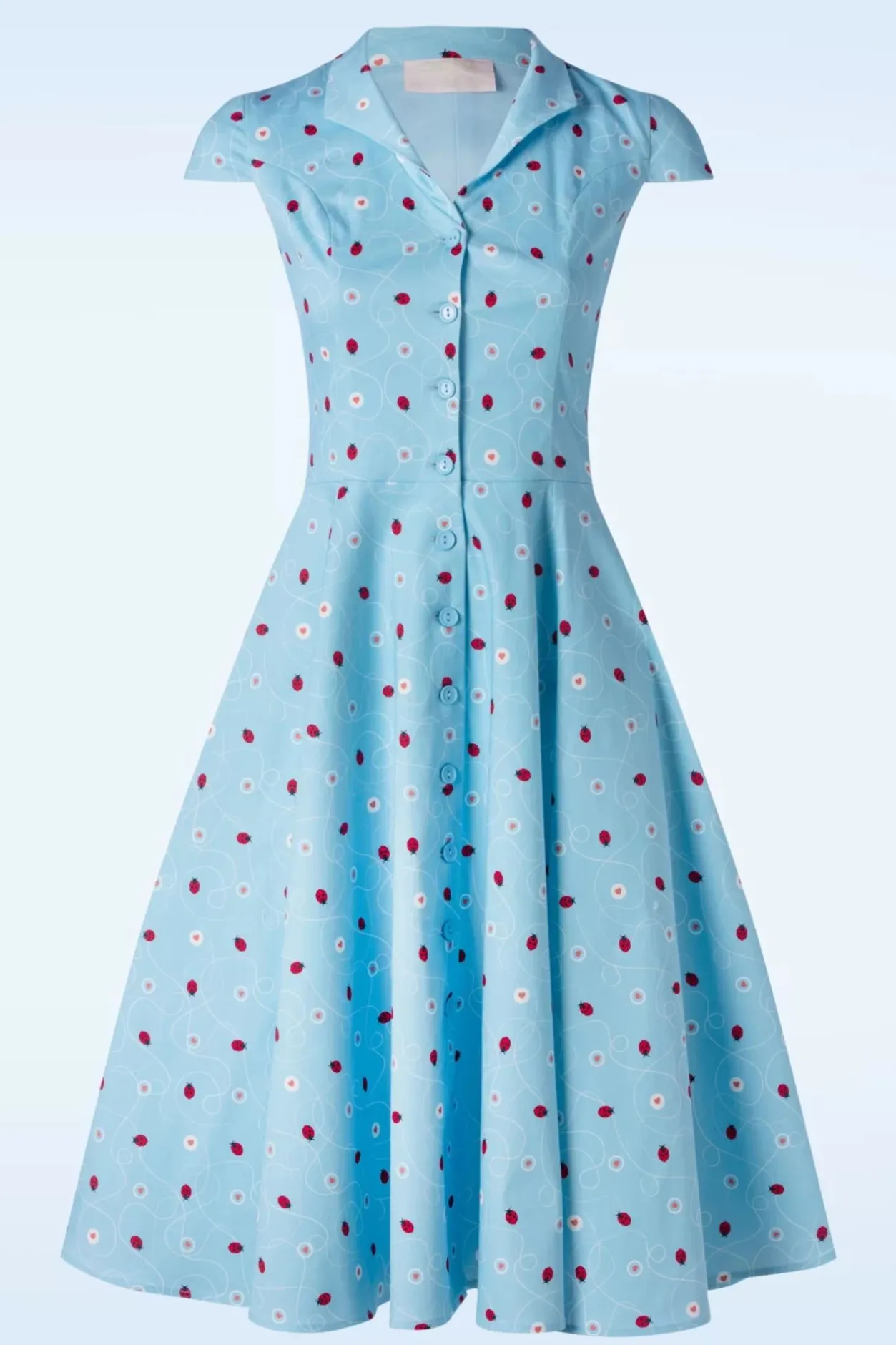 Topvintage Boutique Collection Topvintage Exclusive ~ Angie Swing Jurk In Licht Blauw Met Lieveheersbeestjes Print>Vrouwen Swing Jurken