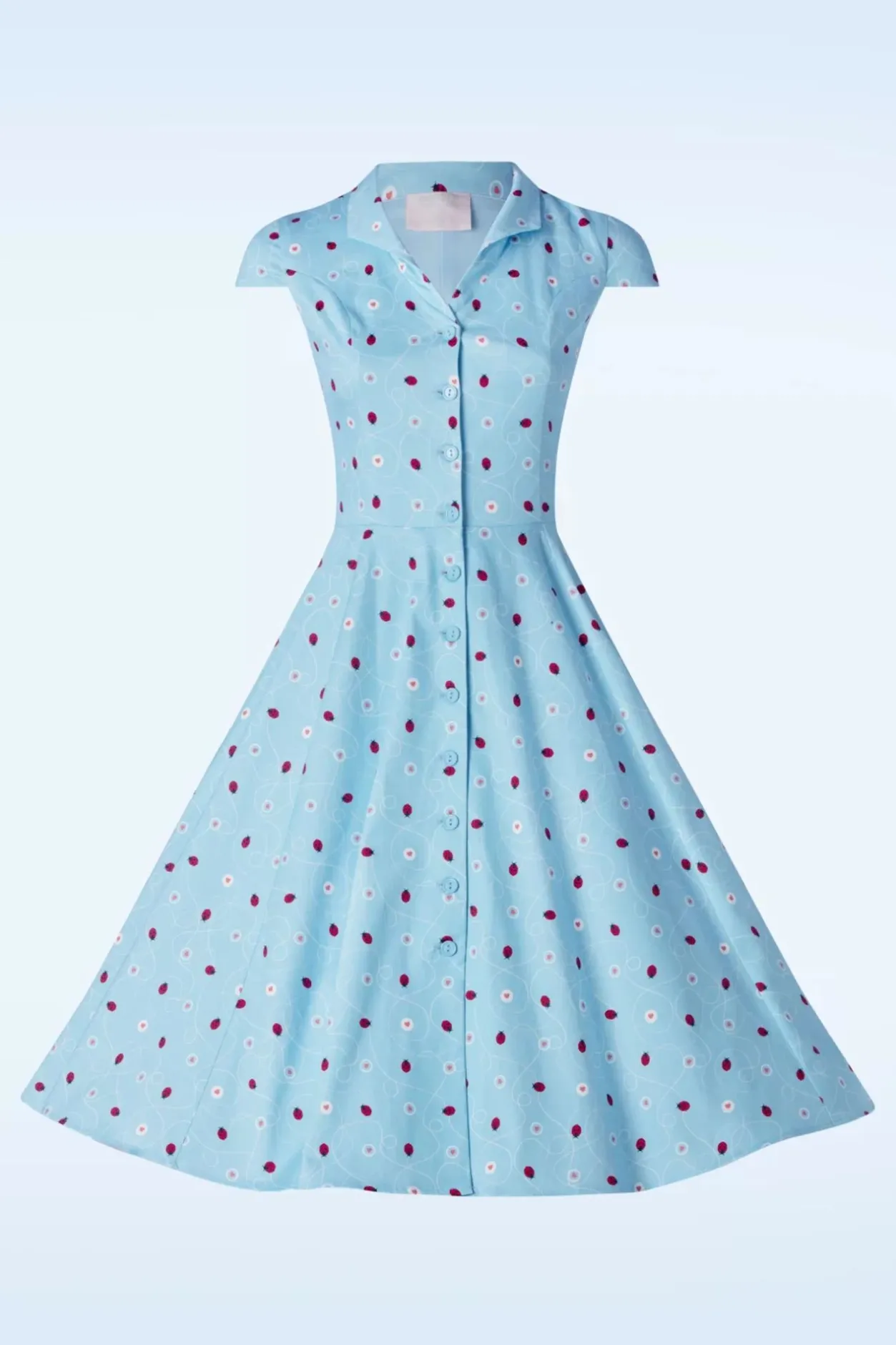 Topvintage Boutique Collection Topvintage Exclusive ~ Angie Swing Jurk In Licht Blauw Met Lieveheersbeestjes Print>Vrouwen Swing Jurken