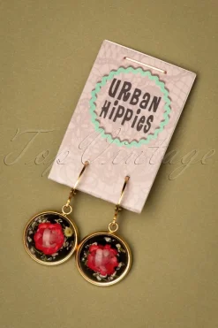 Urban Hippies Vergulde Oorbellen Met Gedroogde Bloemen In Rood><noscript><img width=