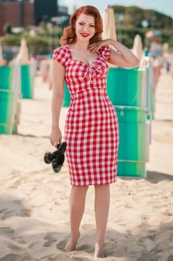 Glamour Bunny Virginia Penciljurk In Rood En Wit Gingham>Vrouwen Strakke Jurken